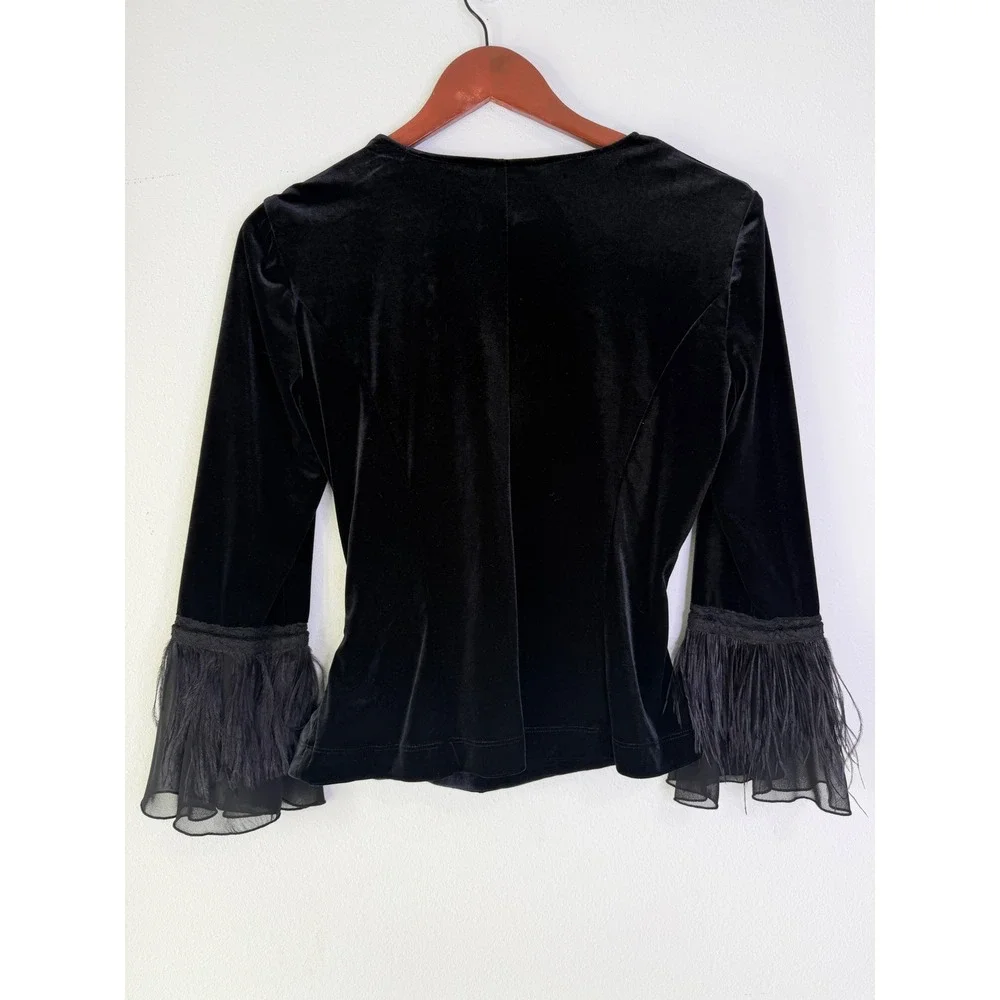 Vintage Jackie‎ Jon Black Velvet Faux Wrap Top Feather Trim Small Whimsigoth 90s